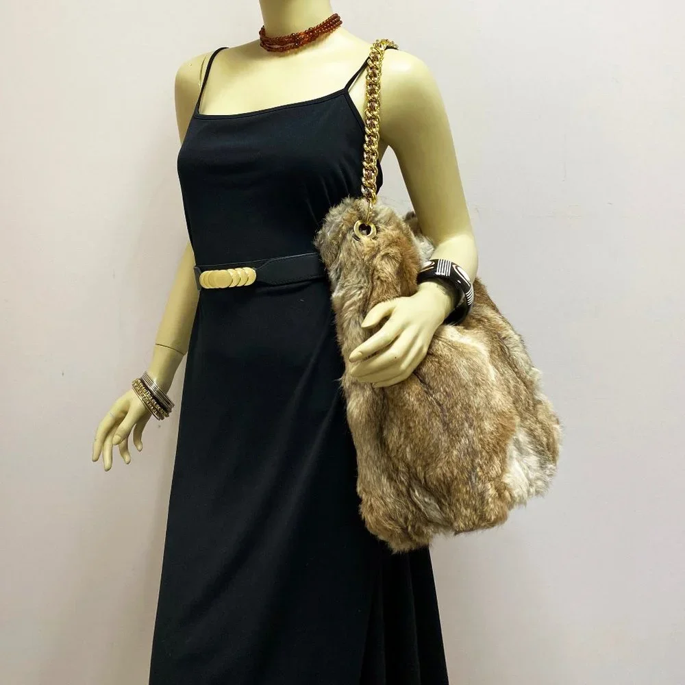 Tory Burch Genuine Rabbit Fur Shoulder Bag Natural Brown Gold Chain Strap